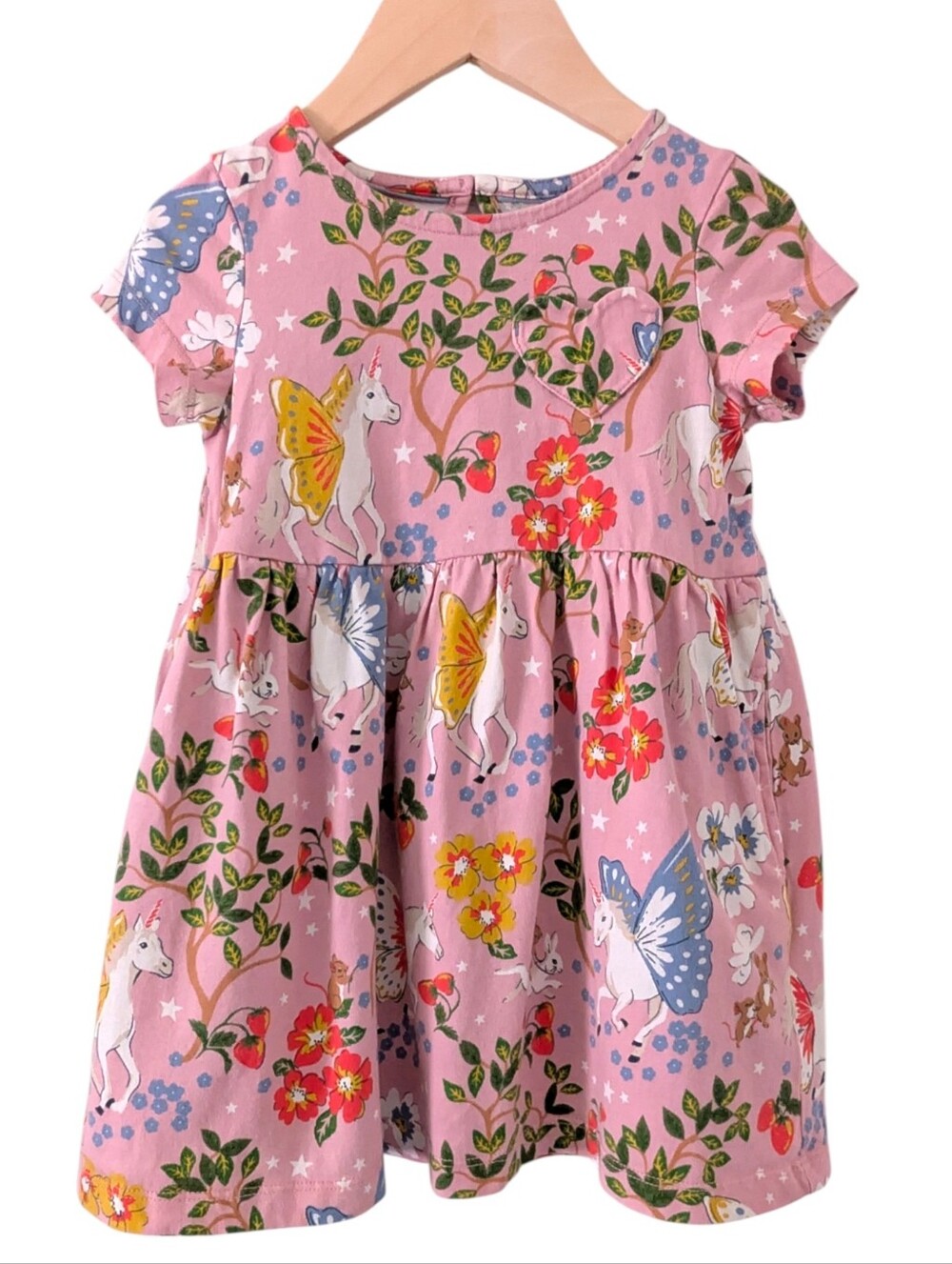 Mini Boden Fun Heart Pocket Unicorn Forest Cotten Jersey Dress 2-3 Years.